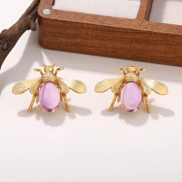 Bee Bug Earrings Pierced Purple Cabochon Gold Tone Chandelier New - Picture 6 of 6